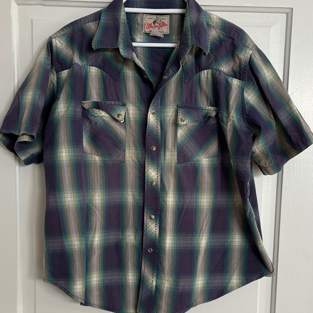 90s Wrangler Men's Plaid Casual Button Down‎ Shirt - Purple and Green